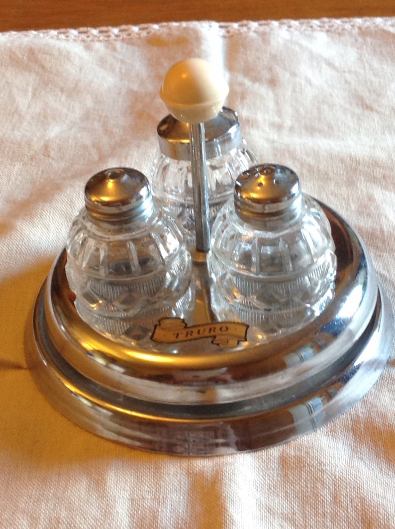 Vintage Revolving Cruet Set Chrome With Glass Salt, Pepper and Mustard Pots, Decorated With a