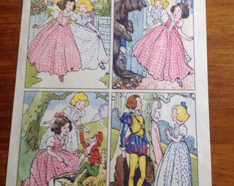 Vintage "Rose White and Rose Red" illustration from 1940's fairy tale  book