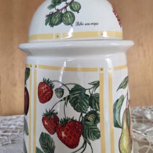 May include: A white ceramic canister with a lid featuring a knob handle. The exterior is decorated with botanical illustrations of strawberries, pears, and gooseberries, labeled with the text Fragaria x ananassa and Ribes uva-crispa.