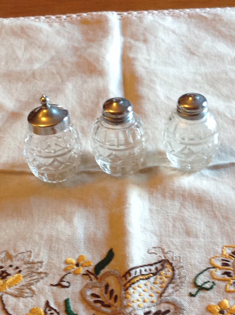 Vintage Revolving Cruet Set Chrome With Glass Salt, Pepper and Mustard Pots, Decorated With a