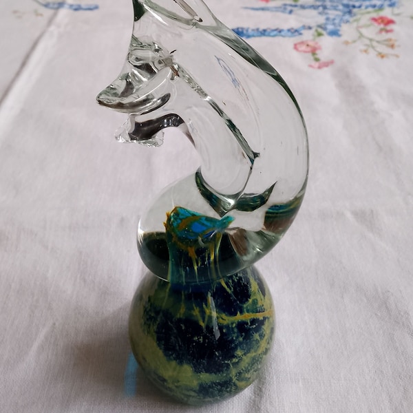 Mdina glass seahorse paperweight in green/yellow colourway