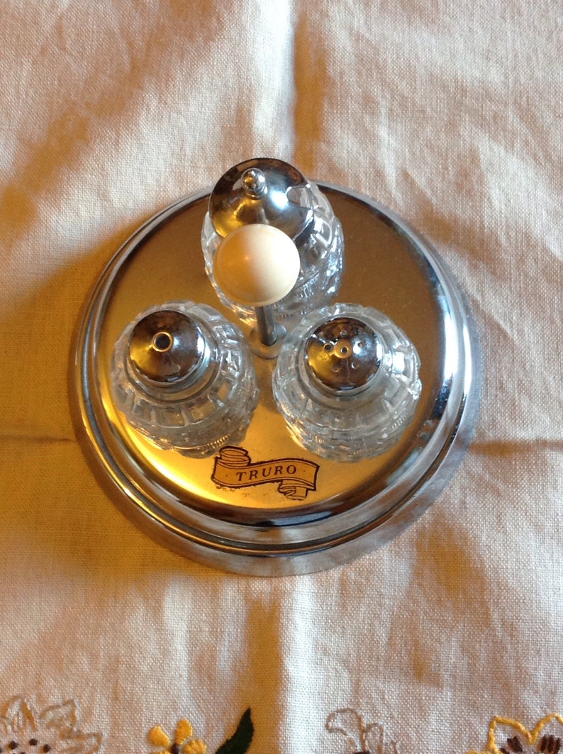 Vintage Revolving Cruet Set Chrome With Glass Salt, Pepper and Mustard Pots, Decorated With a