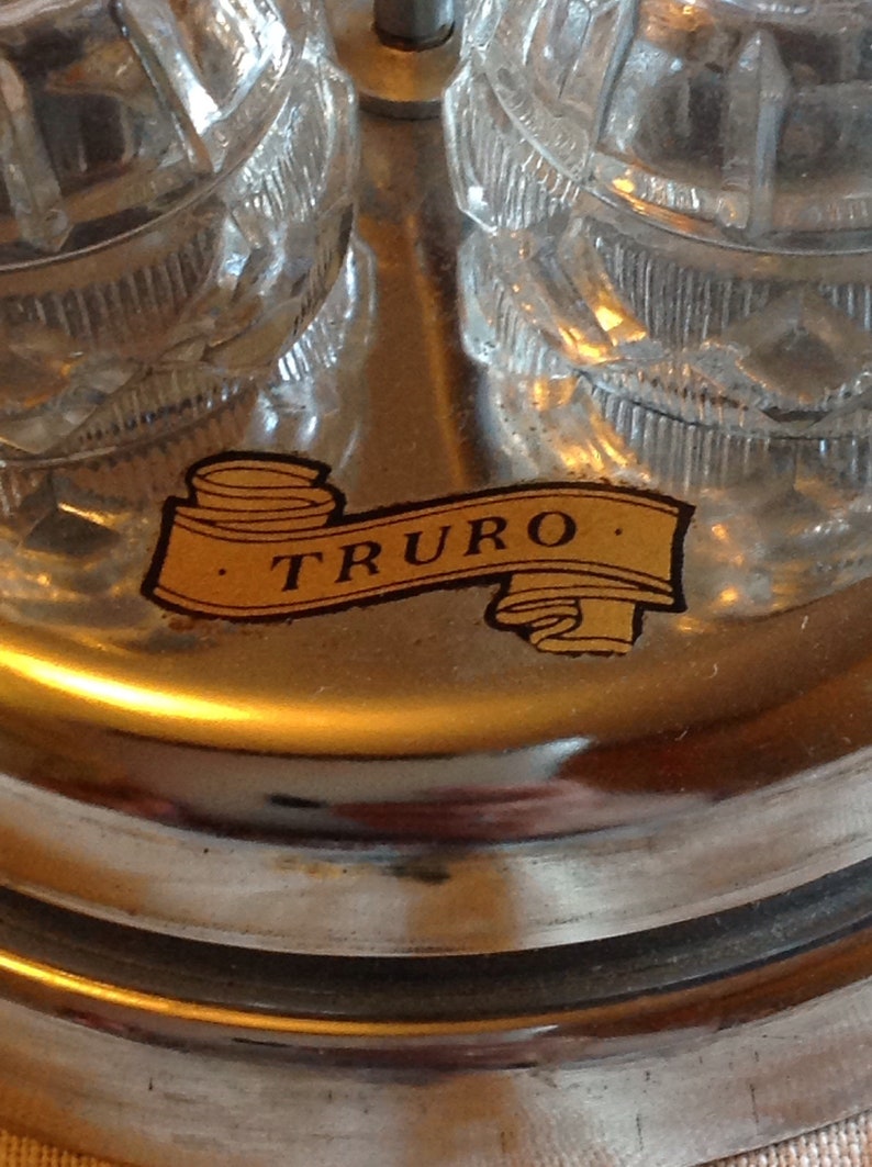 Vintage Revolving Cruet Set Chrome With Glass Salt, Pepper and Mustard Pots, Decorated With a