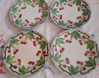 Vintage set of four 1930's Luneville French plates decorated with cherry tree branches