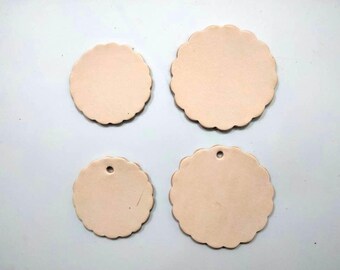 Leather Tag, Scallop Circle Shape, Leather Scallop Circle, 2 Sizes 1 9/16" (40mm.) & 2" (50mm.), Scallop Circle Tag, Blank Leather Tag.
