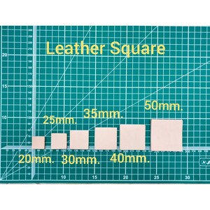 May include: Five leather squares of different sizes on a green cutting mat. The squares measure 20mm, 30mm, 40mm, 35mm, and 50mm.