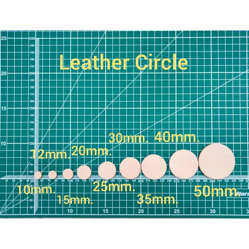 May include: A collection of circular leather pieces in various sizes, ranging from 10mm to 50mm, displayed on a green grid cutting mat. The text "Leather Circle" is visible. Ideal for crafting and leatherwork projects.