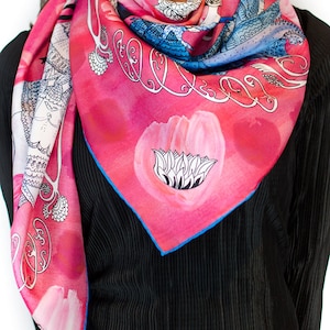 Designer Silk Scarf | Gift for Her | Festive Season Gift | Christmas Gift | Pink