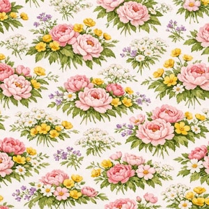 Peut inclure: Motif floral répété avec des pivoines roses, des boutons d'or jaunes, des marguerites blanches et de petites fleurs violettes sur fond crème. Design floral classique et vintage.