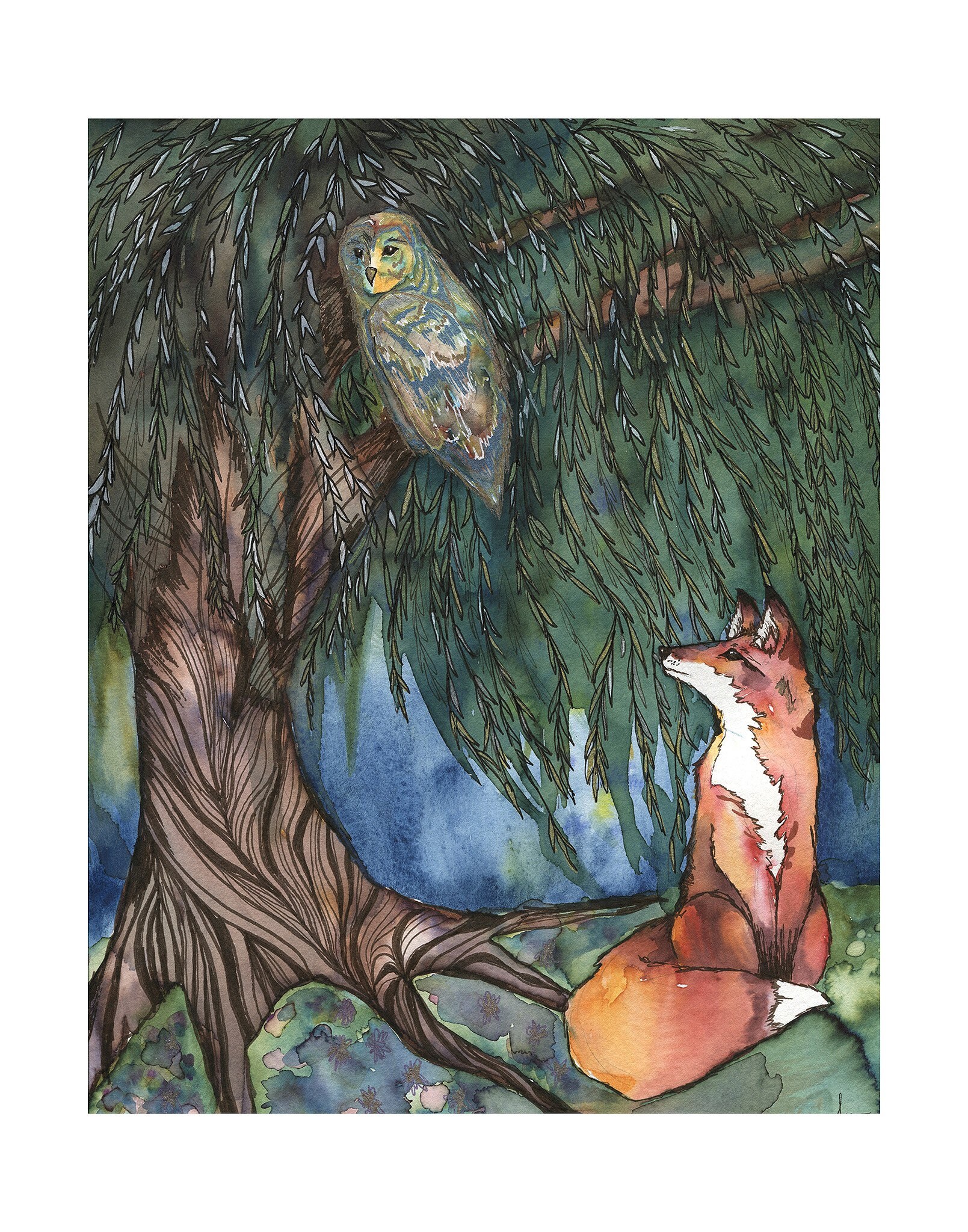 Fox and Owl Painting, Animal Nursery Piece, Watercolor Wall Art, Gift for Mom