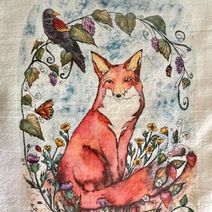 Foxy Nature Inspired Tea Towels, Woodland Creatures, Cotton Kitchen Towel, Gift for Hostess, Fox Art, Rustic Decor, Farmhouse Flour Sack