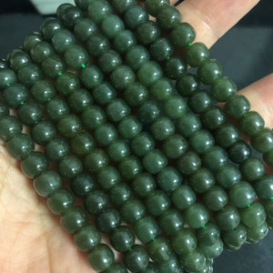6x7mm Natural Untreated Dark Green Nephrite Beads,Round Loose Beads,15 Inches Full Strand{63-65 Beads}