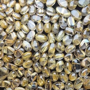 10pc Natural Untreated Gold Rutilated Quartz Cabochons,Flat Back Rutile Quartz Men Ring Cabs,Size 7-11mmx12-14mm