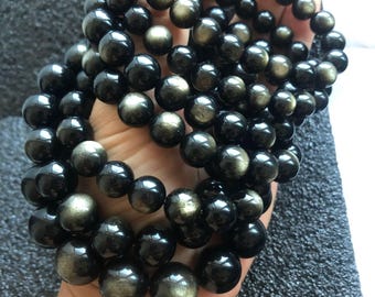 8-14mm Natural Untreated Golden Sheen Obsidian Beads,Round Loose Bead,7 Inches Half Strand