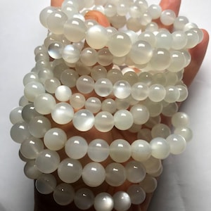 7-10mm Natural Chatoyant Milky White Moonstone Beads,AAA,Round Loose Bead,7 Inches Half Strand