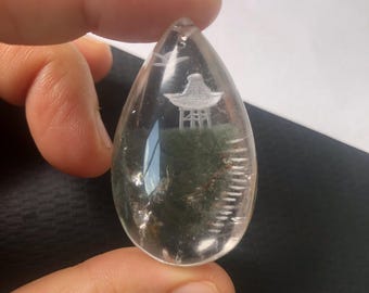 1 Stück natürlicher, intaglio-geschnitzter Pagoden-Lodolith-Anhänger, Phantomquarz-Anhänger (43 x 25 x 15 mm)