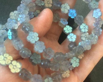8mm Natural Rainbow Flash Labradorite Spacer,Carved Flower Gemstone Spacers,7 Inch Strand