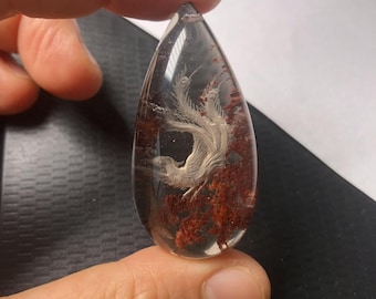 1 Stück natürlicher, intaglio-geschnitzter Phönix-Lodolit-Anhänger, Phantomquarz-Anhänger, Größe 41 x 23 x 12 mm