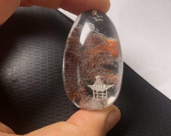1 Stück natürlicher, intaglio-geschnitzter Pagoden-Lodolith-Anhänger, Phantomquarz-Anhänger (43 x 26 x 15 mm)
