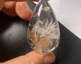 1 Stück natürlicher Lodolith-Anhänger mit Fuchsmotiv (Intaglio-Schnitzerei), Gartenquarz-Anhänger, Größe 39 x 29 x 13 mm