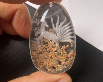 1 Stück natürlicher Lodolith-Anhänger mit Fuchsmotiv (Intaglio-Schnitzerei), Gartenquarz-Anhänger, Größe 47 x 30 x 13 mm
