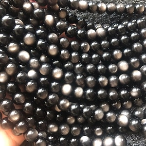 8mm Natural Black Silver Sheen Obsidian,Round Loose Beads,15 Inches Full Strands