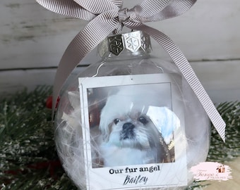 Dog Photo Memory Bauble,Paw Print Bauble, Pet Bauble, Feather Filled Bauble, Christmas Tree Dog Decoration, Dog Christmas Remembrance Bauble