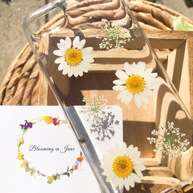 May include: Clear phone case with pressed white daisies and small white flowers. The case is on a wooden surface with a card that says "Blooming in June".