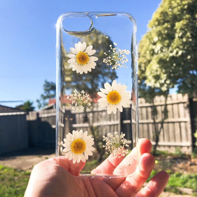 May include: A clear phone case with pressed white daisies and small white flowers. The flowers are pressed inside the case and are visible through the clear plastic.