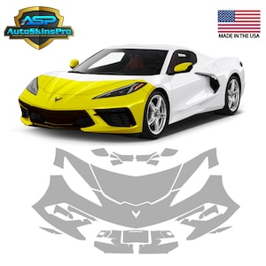 May include: A gray template for a car wrap kit for a yellow and white Chevrolet Corvette. The template shows the pieces that cover the front bumper, headlights, and hood.