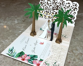 Pop Up Beach Wedding Invitations - Sample - Palms Design - Dark Skin Tone Wedding Couple - Laser Cut Wedding Invitations