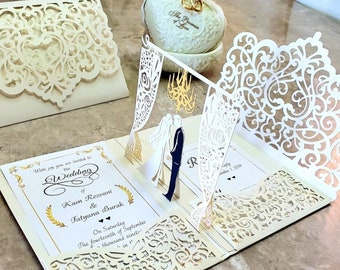 Pop Up Wedding Invitations - Sample - Elegant Vintage Chandelier Design - Laser Cut Wedding Invitation - Wedding, Anniversary, Bridal Shower