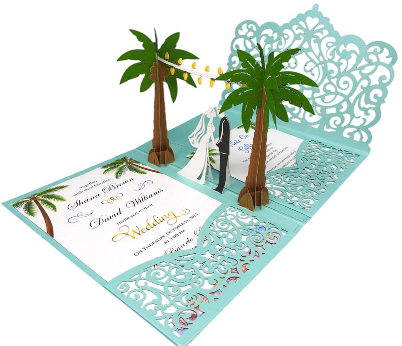 Pop Up Wedding Invitations Sample Palm Tree Design Laser Cut Wedding Invitations Elegant Vintage image 5