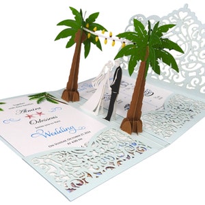 Pop Up Wedding Invitations Sample Palm Tree Design Laser Cut Wedding Invitations Elegant Vintage image 8