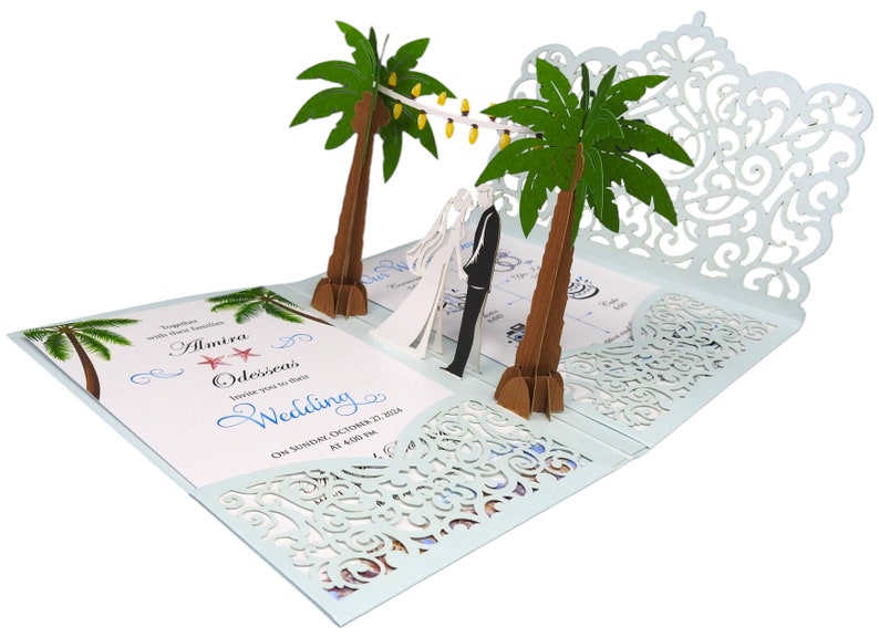 Pop Up Wedding Invitations Sample Palm Tree Design Laser Cut Wedding Invitations Elegant Vintage image 8