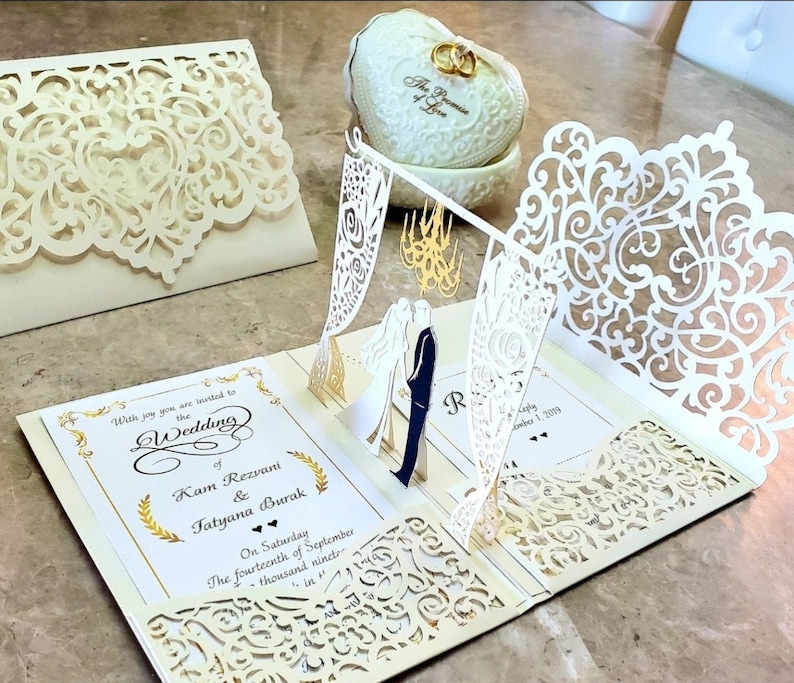 Pop Up Wedding Invitations - Sample -  Chandelier Design - Laser Cut Wedding Invitations  - Elegant Vintage - For Wedding & Anniversary 