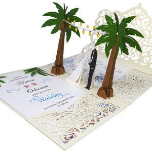 Pop Up Wedding Invitations Sample Palm Tree Design Laser Cut Wedding Invitations Elegant Vintage image 4