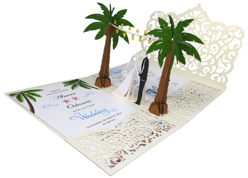 Pop Up Wedding Invitations Sample Palm Tree Design Laser Cut Wedding Invitations Elegant Vintage image 4