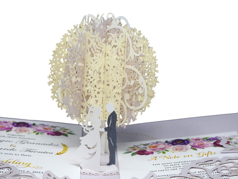 Inviti di nozze pop-up Esempio Design di fiori e alberi Inviti di nozze tagliati al laser per matrimoni, anniversari, addio al nubilato immagine 3