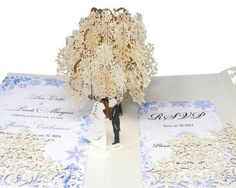 Inviti di nozze pop-up - Esempio - Design dell'albero con fiocchi di neve invernali - Inviti di nozze tagliati al laser - Matrimonio invernale, anniversario e addio al nubilato