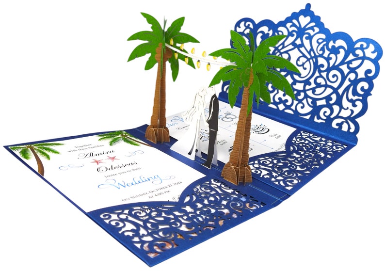 Pop Up Wedding Invitations Sample Palm Tree Design Laser Cut Wedding Invitations Elegant Vintage image 2