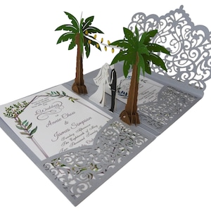 Pop Up Wedding Invitations Sample Palm Tree Design Laser Cut Wedding Invitations Elegant Vintage image 7