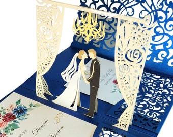 Inviti di nozze pop-up - Esempio - Design di lampadari - Sposi caucasici in pelle chiara - Inviti di nozze eleganti tagliati al laser