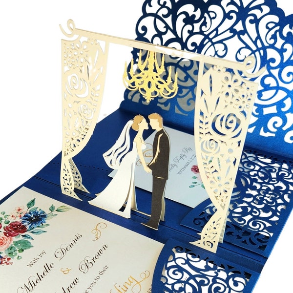 Pop Up Wedding Invitations - Sample - Chandelier Design - Light Skin Caucasian Wedding Couple - Elegant Laser Cut Wedding Invitations