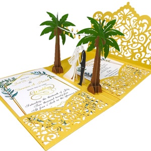 Pop Up Wedding Invitations Sample Palm Tree Design Laser Cut Wedding Invitations Elegant Vintage image 6