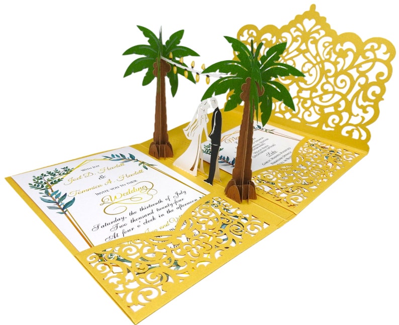 Pop Up Wedding Invitations Sample Palm Tree Design Laser Cut Wedding Invitations Elegant Vintage image 6