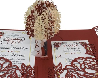 Pop Up Wedding Invitations - Sample - Flower & Tree Design - Laser Cut Wedding Invitations for Wedding, Anniversary, Bridal Shower