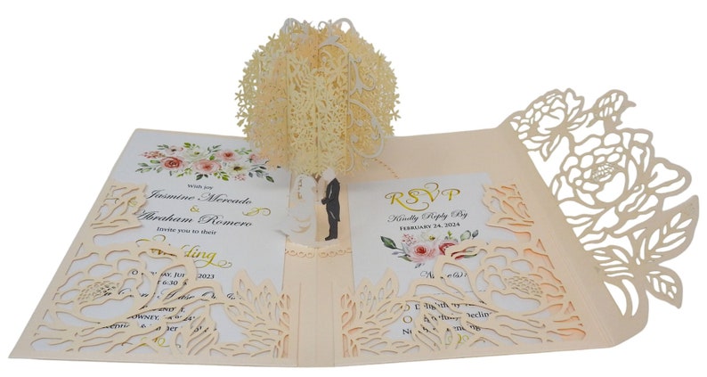 Inviti di nozze pop-up Esempio Design di fiori e alberi Inviti di nozze tagliati al laser per matrimoni, anniversari, addio al nubilato immagine 5