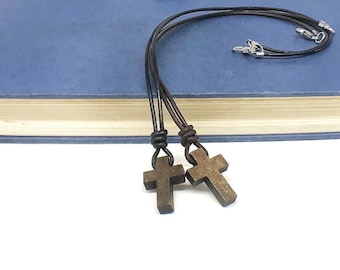 Kids Brown Wooden Cross Necklace,brown leather necklace,boys jewelry,young boys jewelry,young boys cross necklace,kids wcod cross necklace