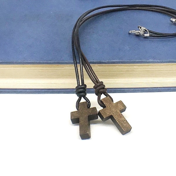 Kids Brown Wooden Cross Necklace,brown leather necklace,boys jewelry,young boys jewelry,young boys cross necklace,kids wcod cross necklace
